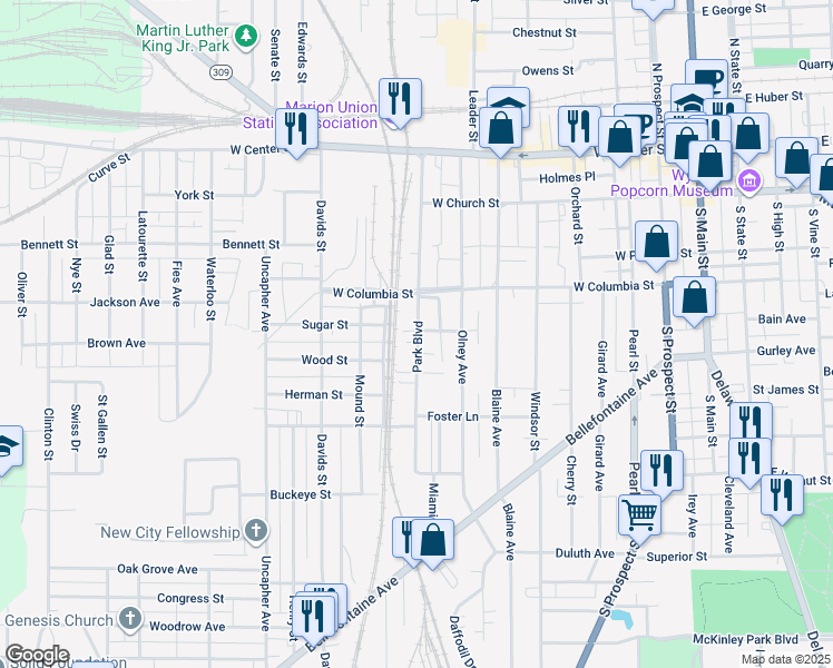 map of restaurants, bars, coffee shops, grocery stores, and more near 400 Park Boulevard in Marion