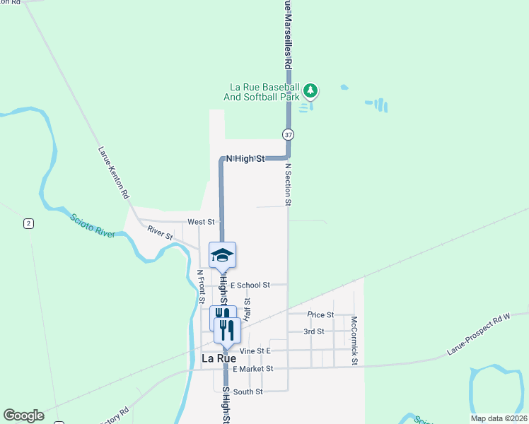 map of restaurants, bars, coffee shops, grocery stores, and more near 509 North Section Street in La Rue