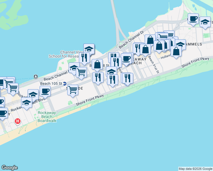 map of restaurants, bars, coffee shops, grocery stores, and more near 100-14 Shore Front Parkway in Queens