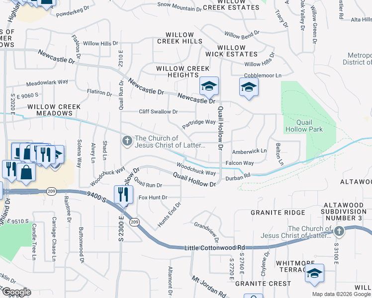map of restaurants, bars, coffee shops, grocery stores, and more near 2547 East Falcon Way in Sandy