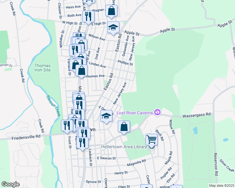 map of restaurants, bars, coffee shops, grocery stores, and more near 1031 New Jersey Avenue in Hellertown