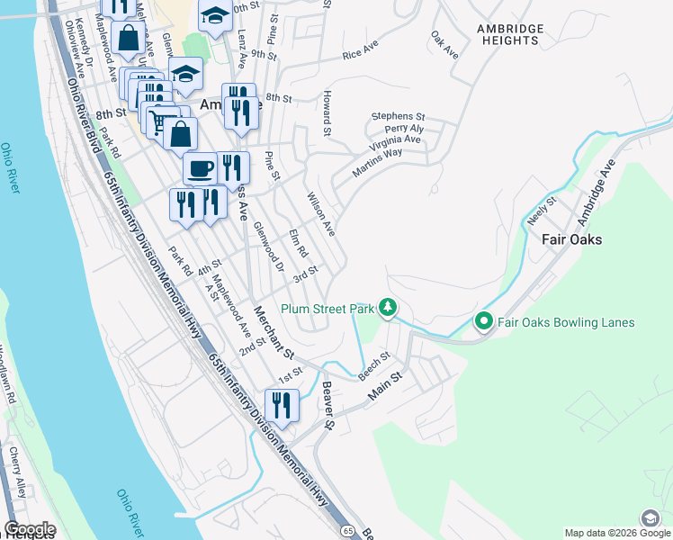 map of restaurants, bars, coffee shops, grocery stores, and more near 208 Elm Road in Ambridge