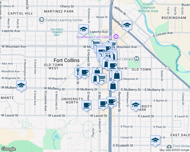 map of restaurants, bars, coffee shops, grocery stores, and more near 211 West Magnolia Street in Fort Collins