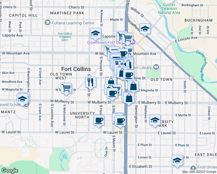 map of restaurants, bars, coffee shops, grocery stores, and more near 210 West Magnolia Street in Fort Collins
