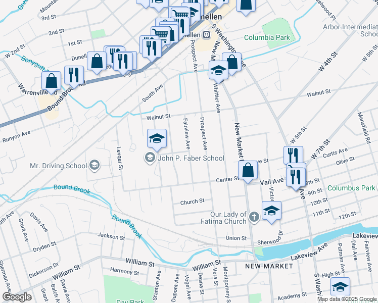 map of restaurants, bars, coffee shops, grocery stores, and more near Fairview Avenue in Dunellen