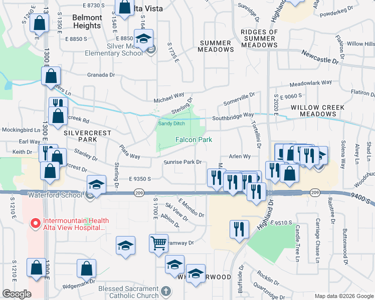 map of restaurants, bars, coffee shops, grocery stores, and more near 1784 Plata Way in Sandy