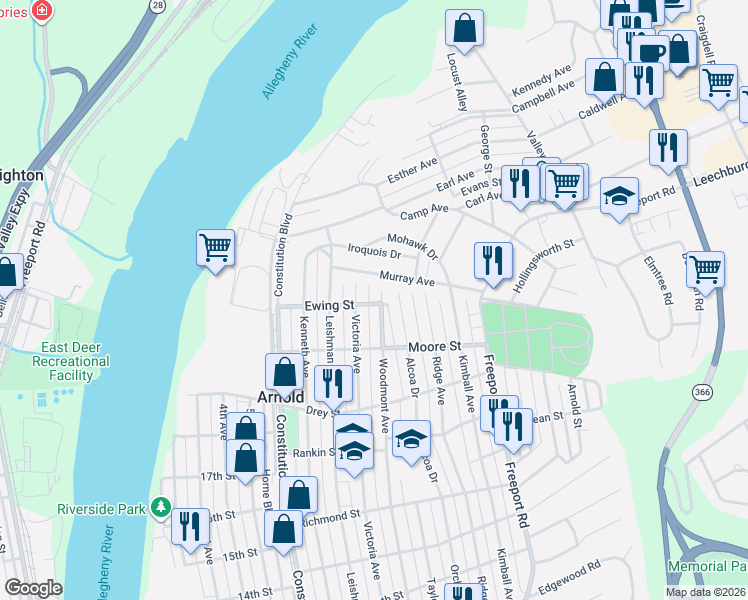 map of restaurants, bars, coffee shops, grocery stores, and more near 2101 Woodmont Avenue in New Kensington