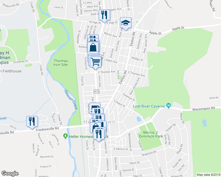 map of restaurants, bars, coffee shops, grocery stores, and more near 133 East Chestnut Street in Hellertown