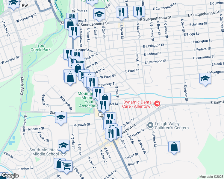 map of restaurants, bars, coffee shops, grocery stores, and more near 215-219 West Wabash Street in Allentown
