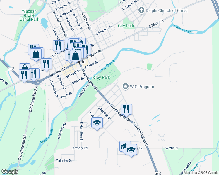 map of restaurants, bars, coffee shops, grocery stores, and more near 161-199 East North Street in Delphi