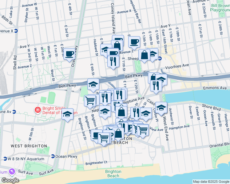 map of restaurants, bars, coffee shops, grocery stores, and more near 720 Brighton 8th Street in Brooklyn