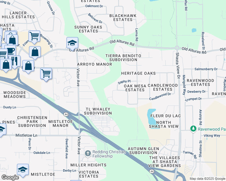 map of restaurants, bars, coffee shops, grocery stores, and more near 1701 Tiger Eye Road in Redding