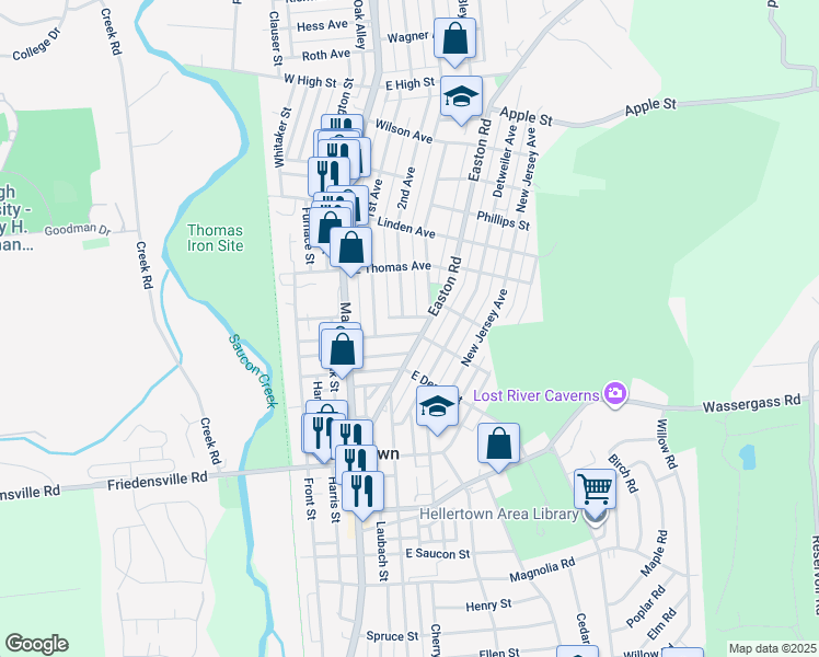 map of restaurants, bars, coffee shops, grocery stores, and more near 147 East Chestnut Street in Hellertown