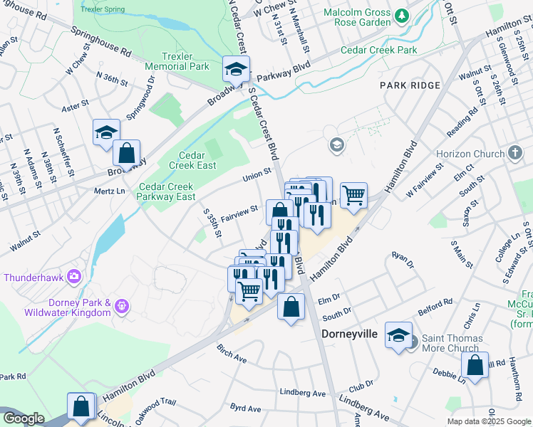 map of restaurants, bars, coffee shops, grocery stores, and more near 345 South 33rd Street in Allentown