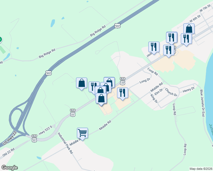 map of restaurants, bars, coffee shops, grocery stores, and more near 99 Shawver Hill Drive in Lewistown
