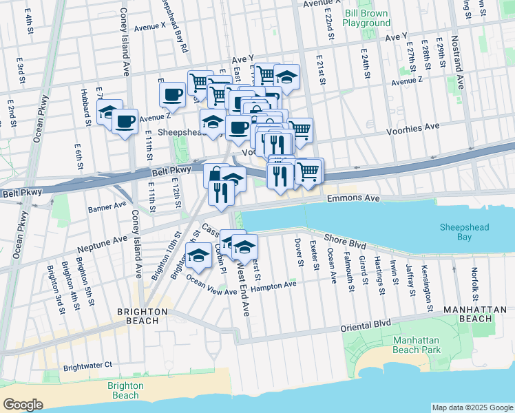 map of restaurants, bars, coffee shops, grocery stores, and more near Emmons Ave & East 16th Street in Brooklyn