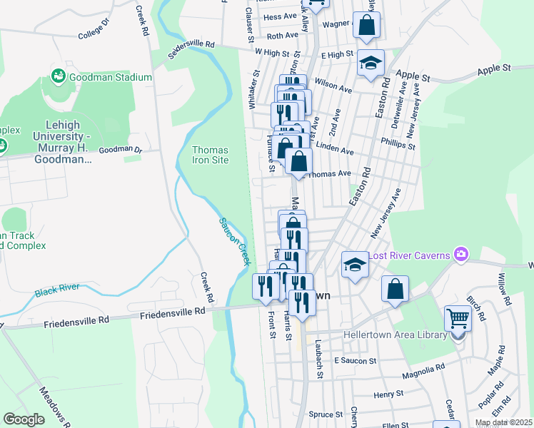 map of restaurants, bars, coffee shops, grocery stores, and more near 1061 Front Street in Hellertown