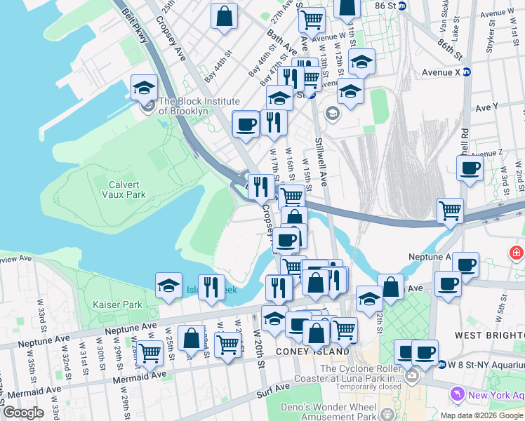 map of restaurants, bars, coffee shops, grocery stores, and more near 159 Bay 52nd Street in Brooklyn
