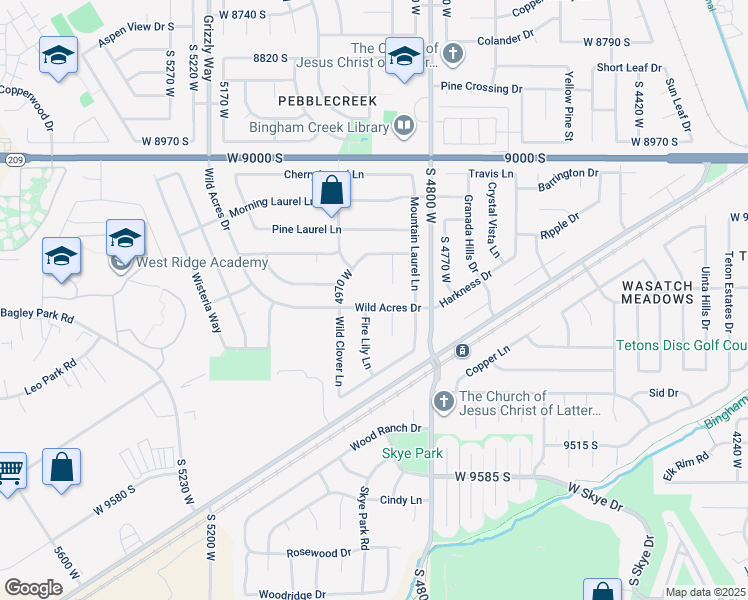 map of restaurants, bars, coffee shops, grocery stores, and more near 4904 Wild Acres Drive in West Jordan
