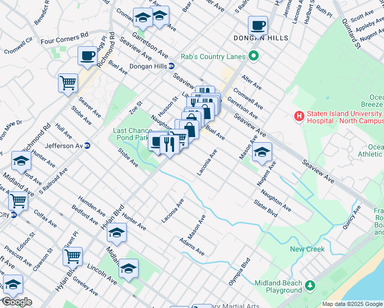 map of restaurants, bars, coffee shops, grocery stores, and more near 299 Naughton Avenue in Staten Island