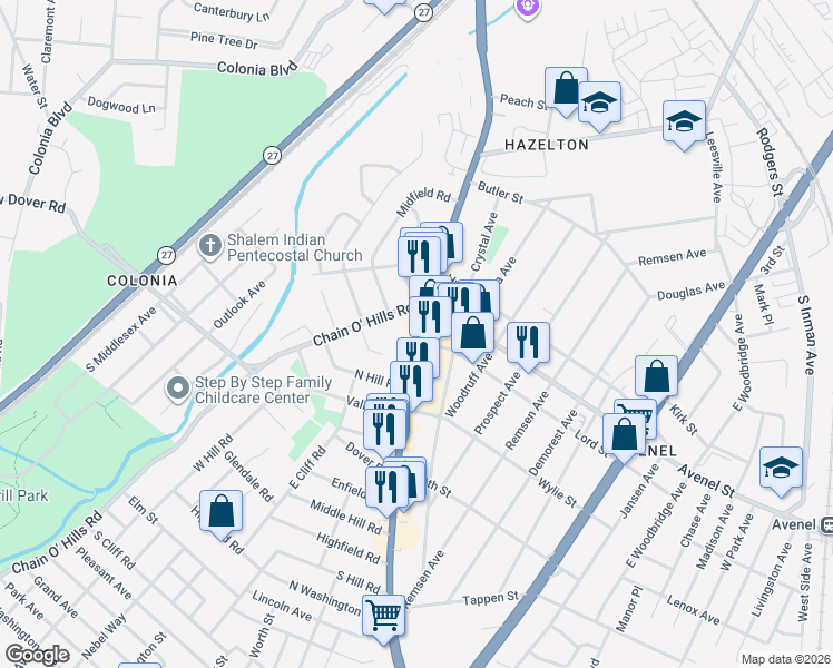 map of restaurants, bars, coffee shops, grocery stores, and more near 1303 New Jersey 35 in Woodbridge Township