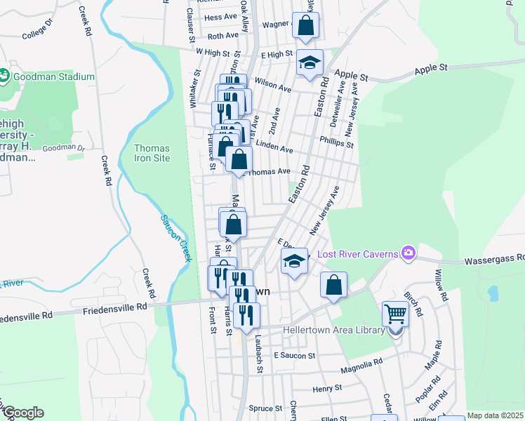 map of restaurants, bars, coffee shops, grocery stores, and more near 117 East Chestnut Street in Hellertown