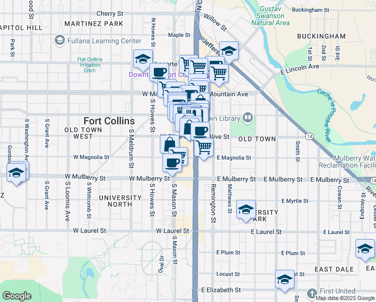 map of restaurants, bars, coffee shops, grocery stores, and more near 111 West Olive Street in Fort Collins
