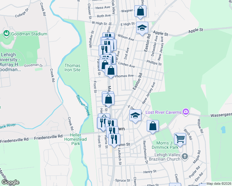 map of restaurants, bars, coffee shops, grocery stores, and more near 1052 1st Avenue in Hellertown
