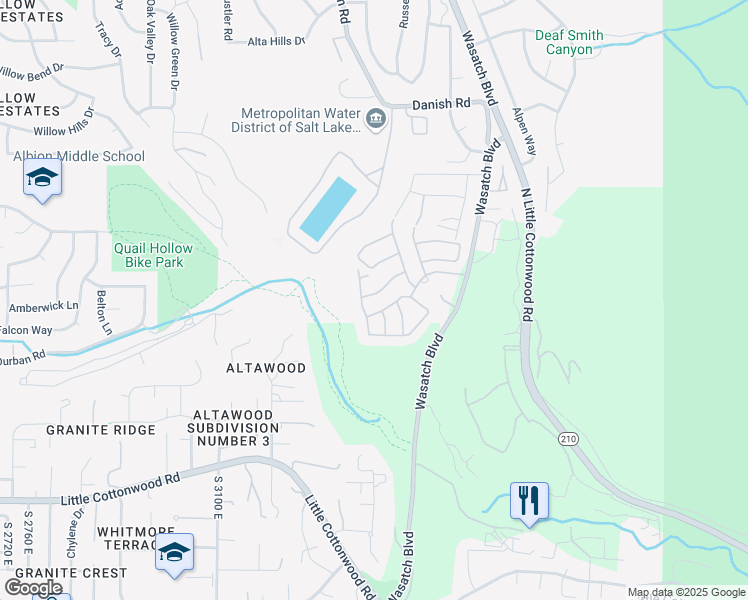 map of restaurants, bars, coffee shops, grocery stores, and more near 3366 East Jalais Hill Lane in Cottonwood Heights
