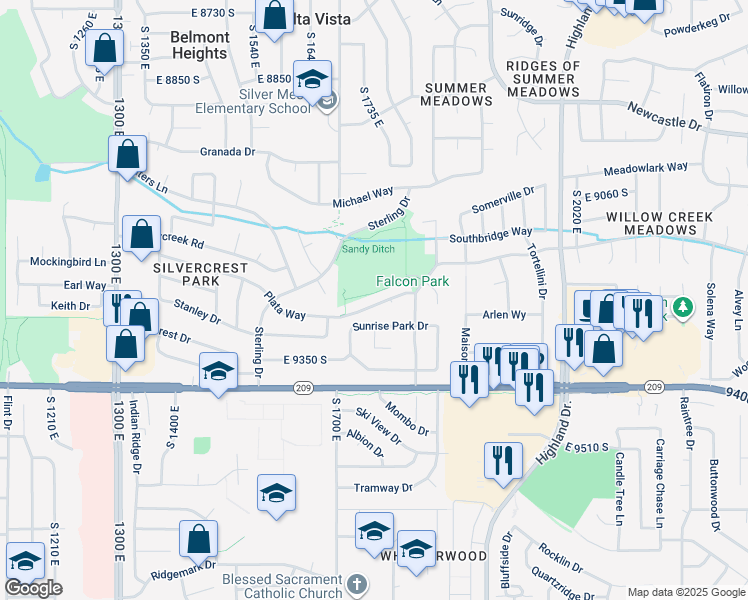 map of restaurants, bars, coffee shops, grocery stores, and more near 1787 Plata Way in Sandy
