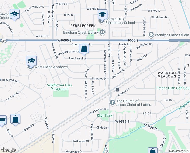 map of restaurants, bars, coffee shops, grocery stores, and more near 9205 Wild Clover Lane in West Jordan