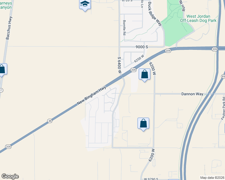 map of restaurants, bars, coffee shops, grocery stores, and more near 6416 Wilshire Park Avenue in West Jordan