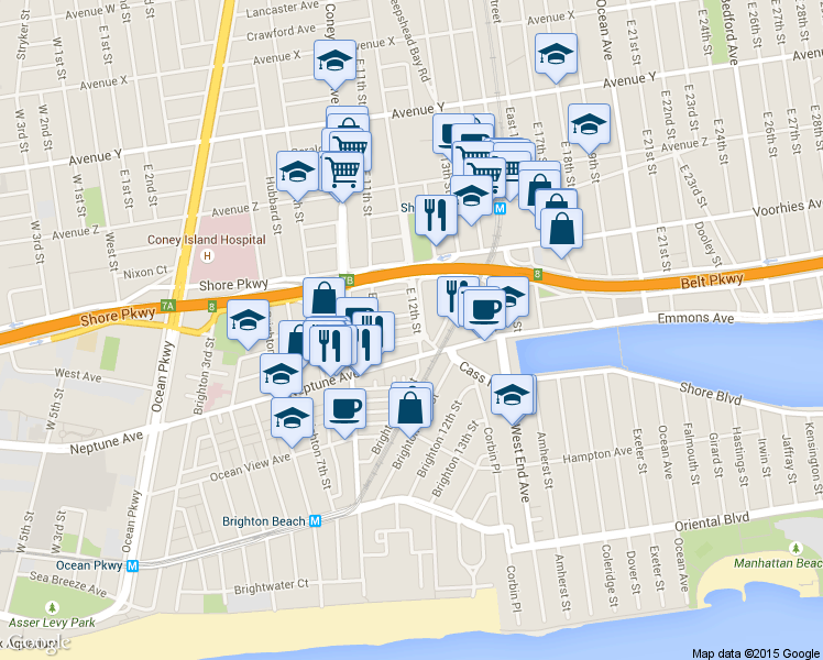 map of restaurants, bars, coffee shops, grocery stores, and more near 1147 Banner Avenue in Brooklyn