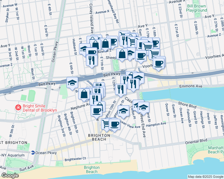map of restaurants, bars, coffee shops, grocery stores, and more near 1147 Banner Avenue in Brooklyn