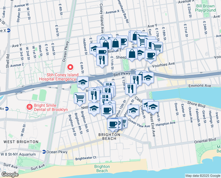 map of restaurants, bars, coffee shops, grocery stores, and more near 2745 East 11th Street in Brooklyn