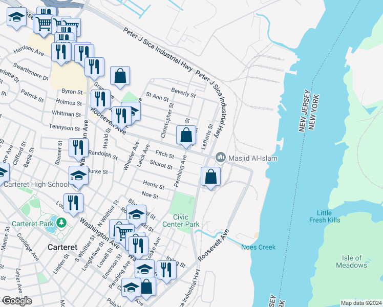map of restaurants, bars, coffee shops, grocery stores, and more near 8 John Street in Carteret