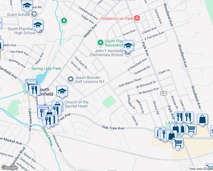 map of restaurants, bars, coffee shops, grocery stores, and more near 301 South Plainfield Avenue in South Plainfield