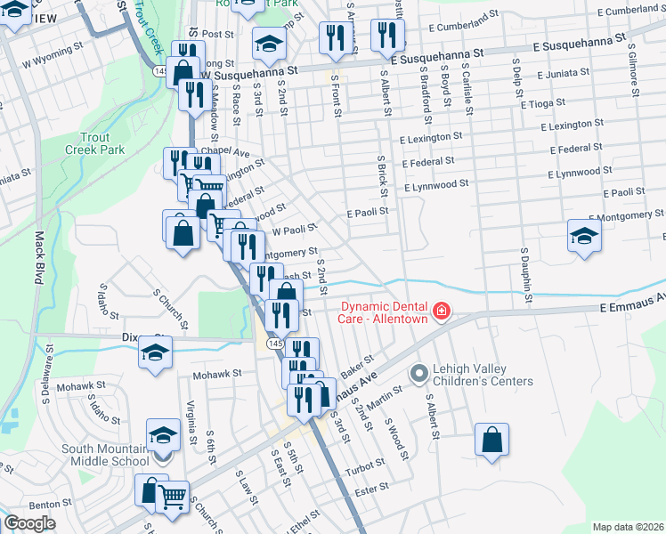 map of restaurants, bars, coffee shops, grocery stores, and more near 1766 Chapel Avenue in Allentown