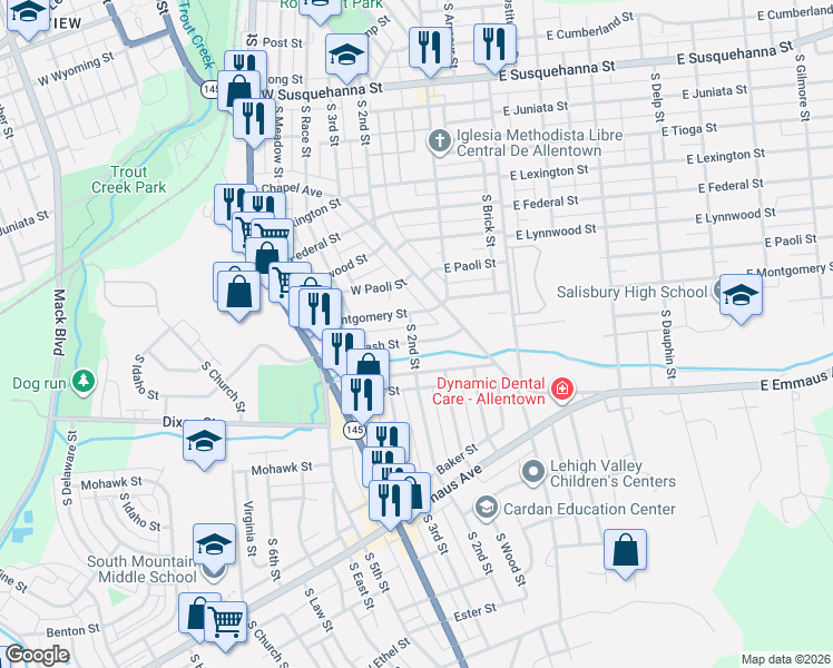 map of restaurants, bars, coffee shops, grocery stores, and more near 1766 Chapel Avenue in Allentown