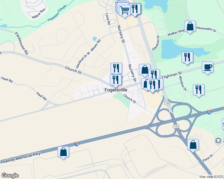map of restaurants, bars, coffee shops, grocery stores, and more near 1015 Church Street in Fogelsville