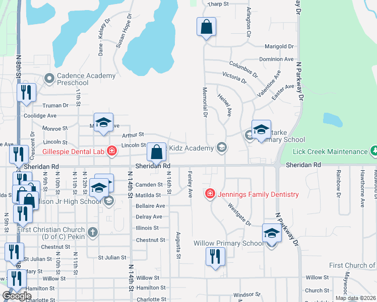 map of restaurants, bars, coffee shops, grocery stores, and more near 1700 Lamar Drive in Pekin