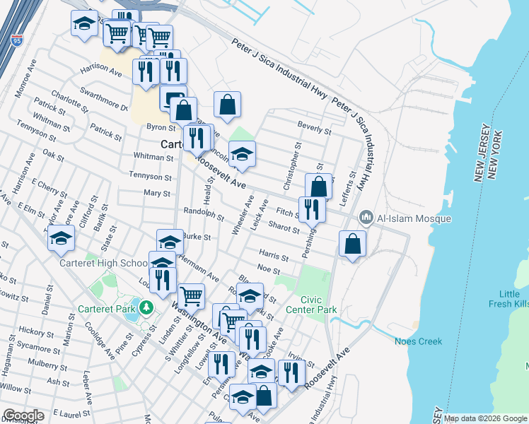 map of restaurants, bars, coffee shops, grocery stores, and more near 657 Roosevelt Avenue in Carteret