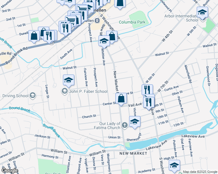 map of restaurants, bars, coffee shops, grocery stores, and more near 375 Whittier Avenue in Dunellen