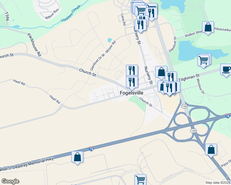 map of restaurants, bars, coffee shops, grocery stores, and more near 1028 Church Street in Fogelsville