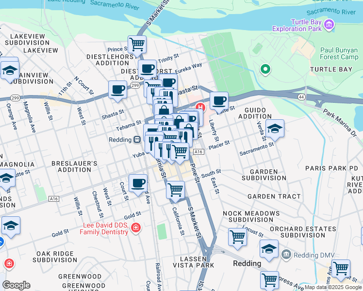 map of restaurants, bars, coffee shops, grocery stores, and more near 1320 Yuba Street in Redding