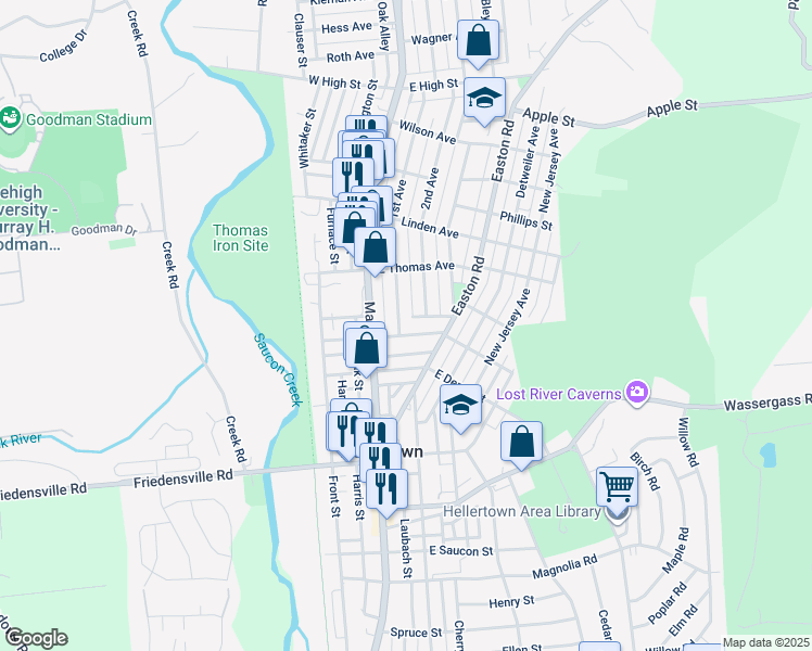 map of restaurants, bars, coffee shops, grocery stores, and more near 1015 1st Avenue in Hellertown