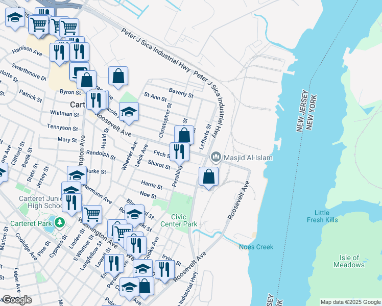 map of restaurants, bars, coffee shops, grocery stores, and more near 575 Roosevelt Avenue in Carteret