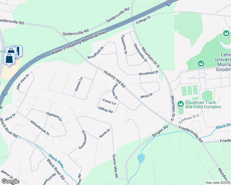 map of restaurants, bars, coffee shops, grocery stores, and more near 2079 Pleasant Drive in Bethlehem