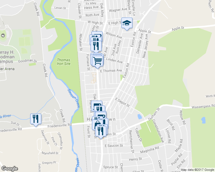 map of restaurants, bars, coffee shops, grocery stores, and more near 1015 1st Avenue in Hellertown