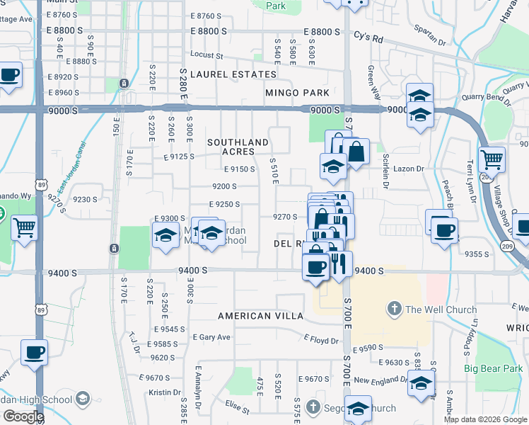 map of restaurants, bars, coffee shops, grocery stores, and more near 487 9270 South in Sandy